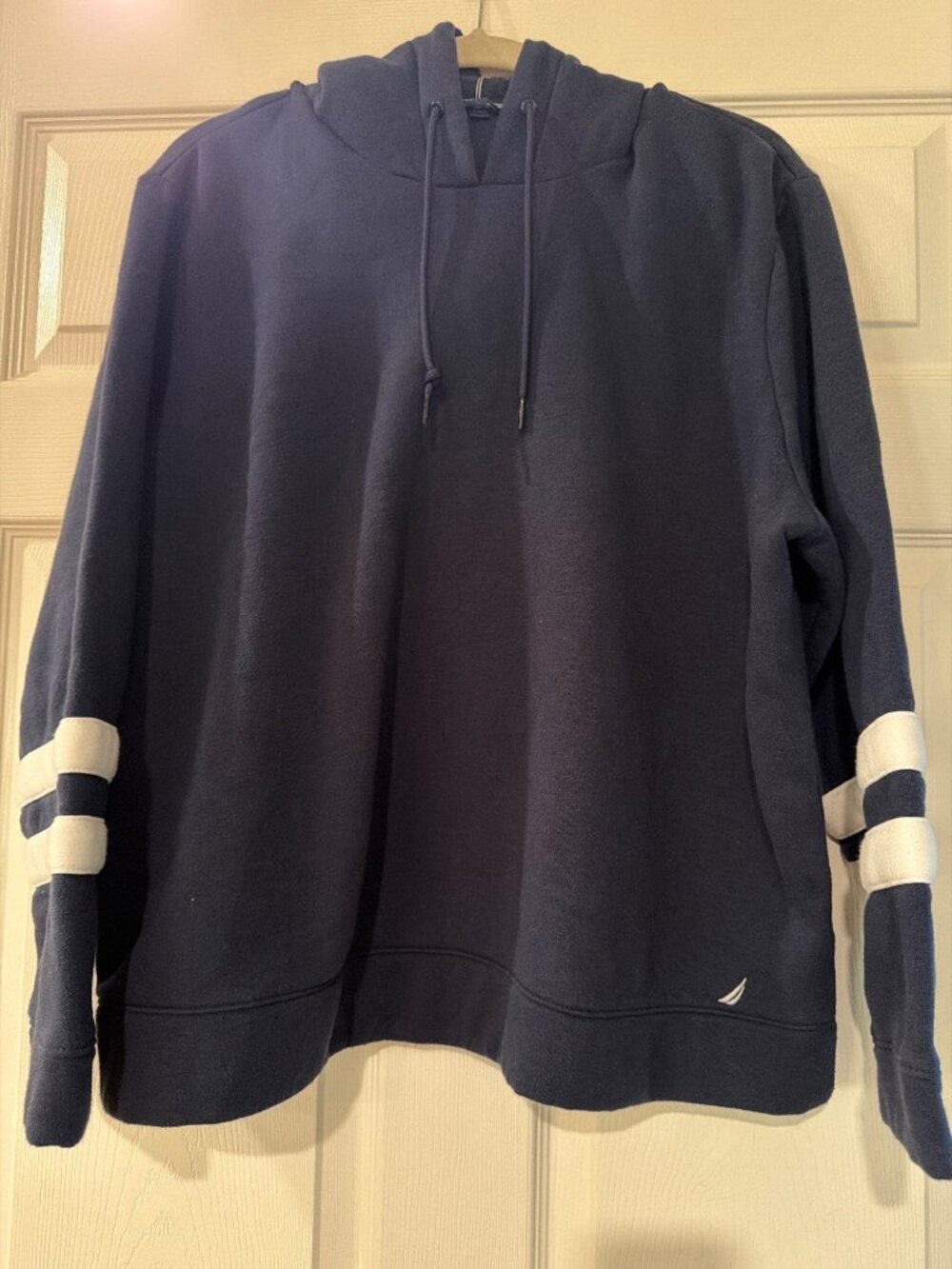 Nautica Navy Blue Hoodie XXL With White Striped Sleeves Cotton Blend Made In Cam